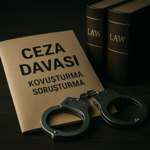 Ceza davası – soruşturma ve kovuşturma; kelepçe, hukuk kitapları ve dava dosyası | Avukat Murat TUĞA