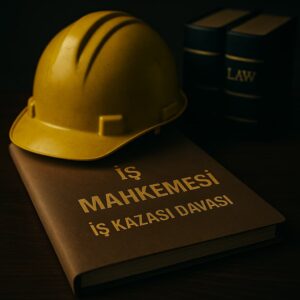 İş kazası davası görseli: sarı baret, hukuk kitapları ve dava dosyası – iş mahkemesi süreci